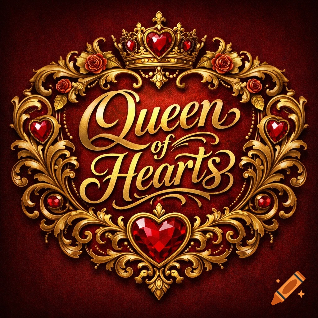 Ornate golden 'Queen of Hearts' emblem with a crown, red jewel hearts, and intricate filigree on a deep red background.