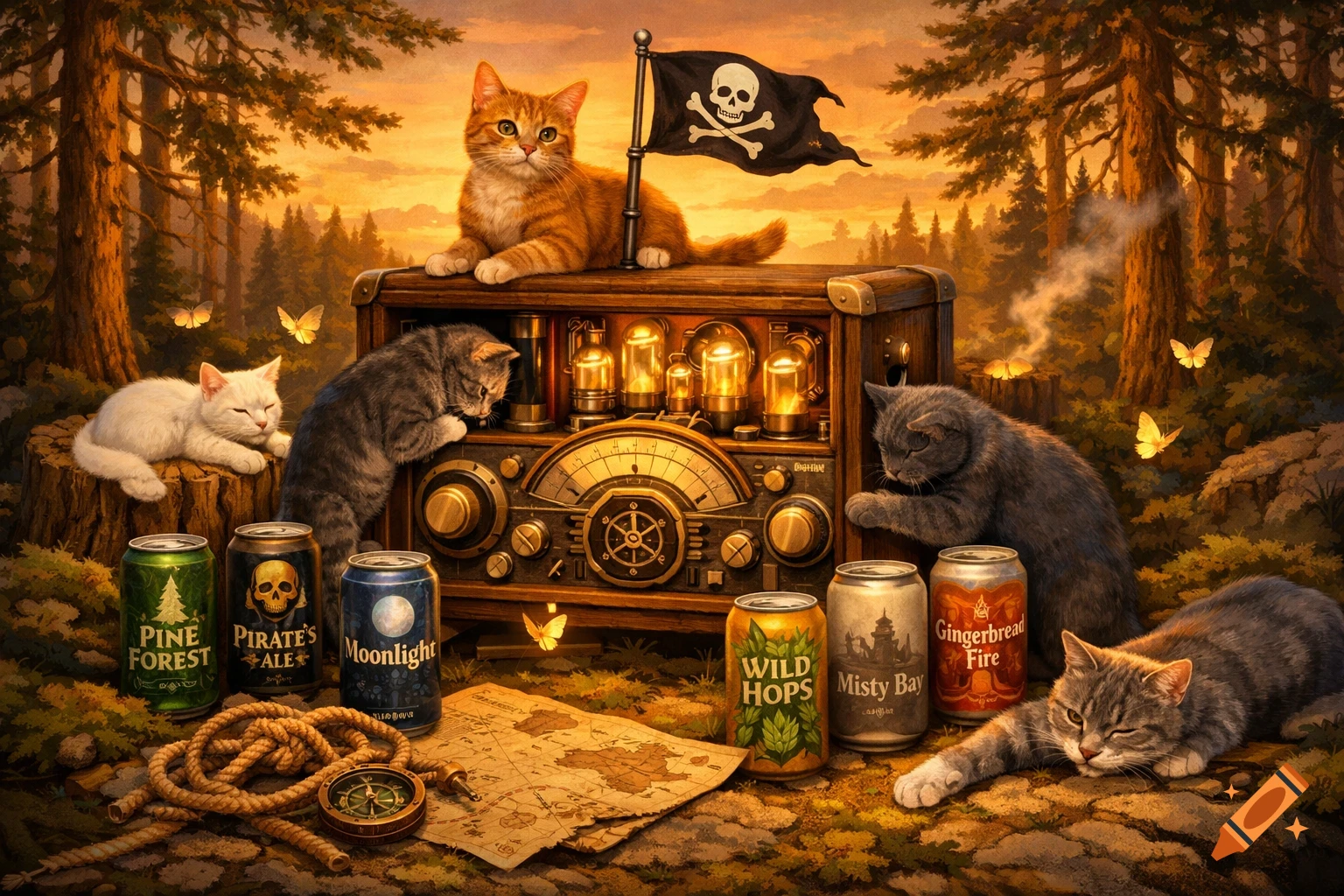 Digital painting of various cats around an old pirate radio in a pine forest at sunset, with craft beer cans, a map, and rope on the ground.