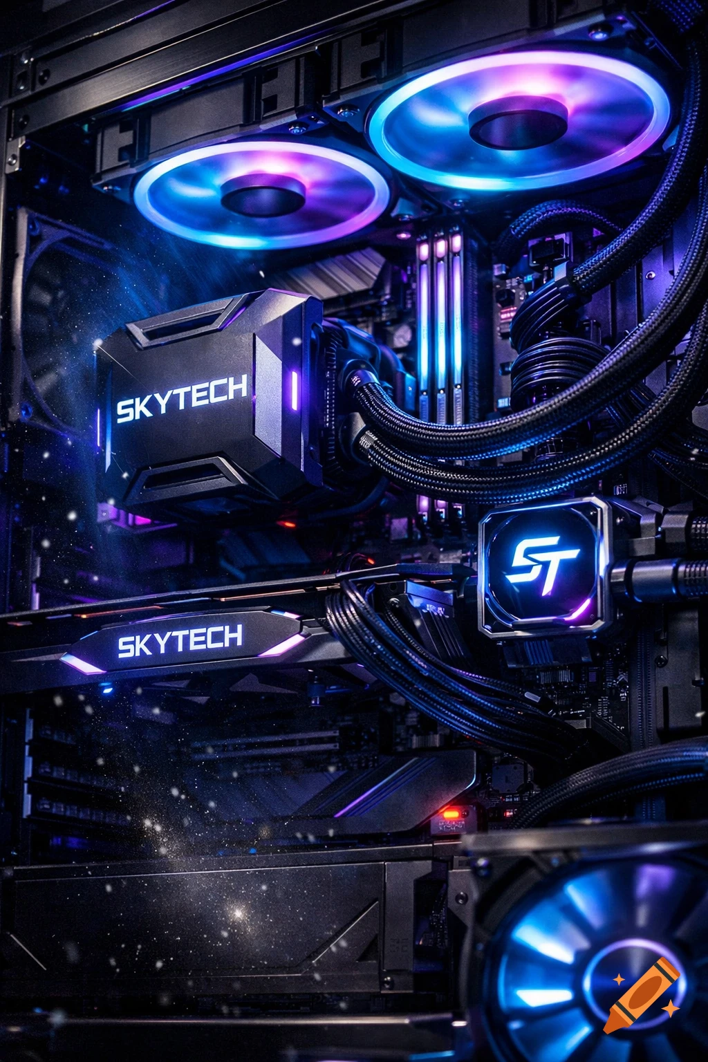 Close-up of a gaming PC interior with glowing blue and purple RGB lights on fans, CPU cooler, and GPU. Text reads 'SKYTECH'.