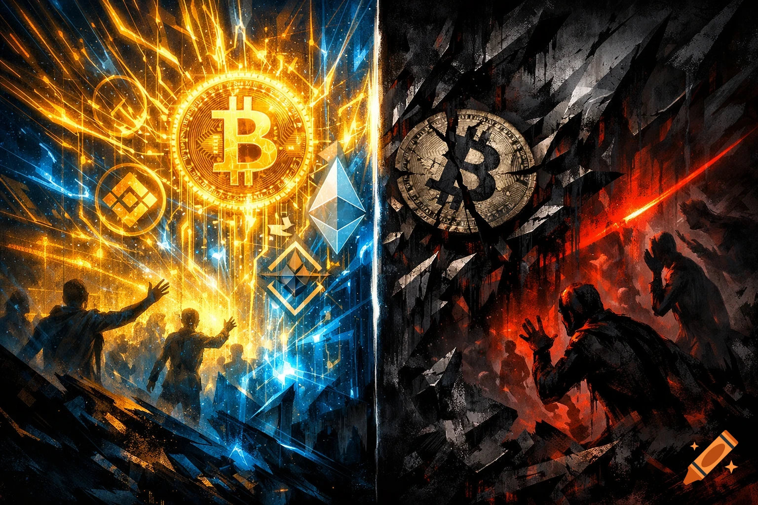 A split image contrasting glowing golden cryptocurrency symbols and hopeful figures on the left with a cracked dark symbol and distressed figures on the right, depicting crypto opportunities and risks.
