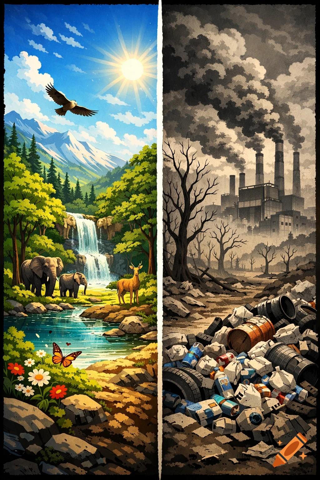 A poster depicting a vibrant natural landscape with animals on the left, contrasting with a polluted industrial wasteland on the right.