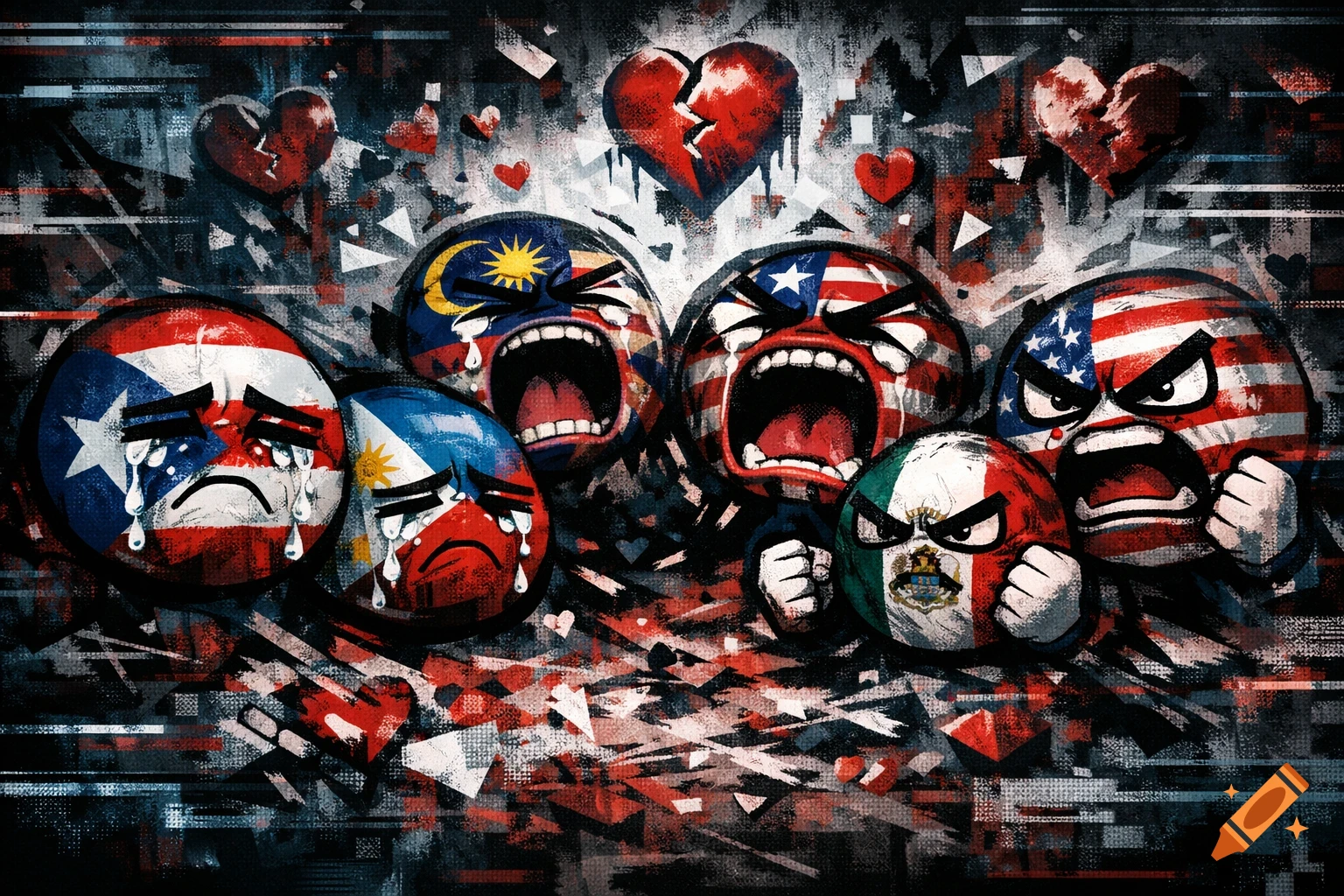 Distressed illustration of countryballs representing Puerto Rico, Philippines crying, Malaysia and USA screaming, and Mexico and USA mad, surrounded by broken hearts.