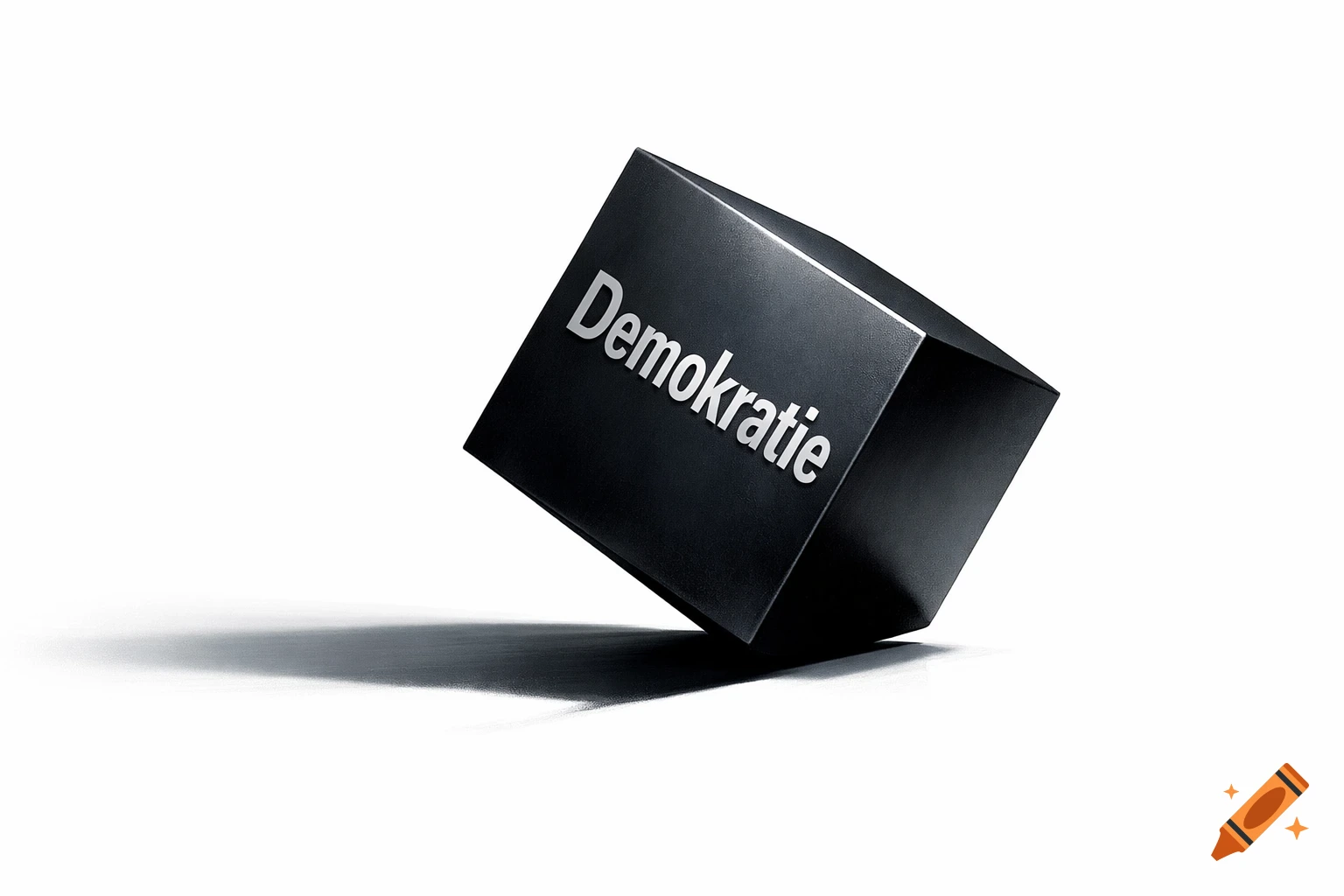 A black cube, titled "Demokratie" (Democracy), is tilted on a white background, casting a shadow.
