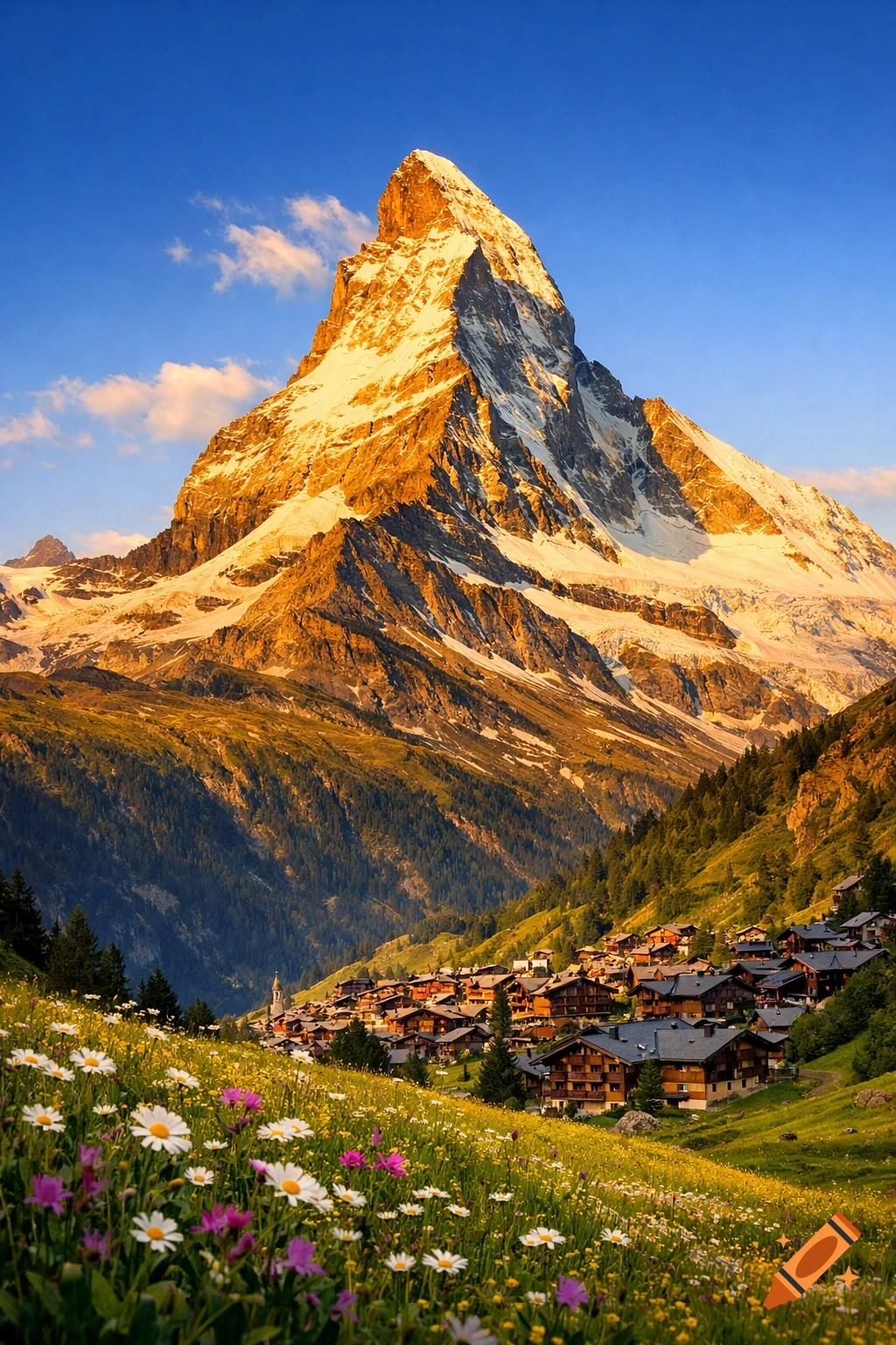 Photorealistic view of the Matterhorn peak glowing in sunlight, overlooking a Swiss village and a meadow of wildflowers.