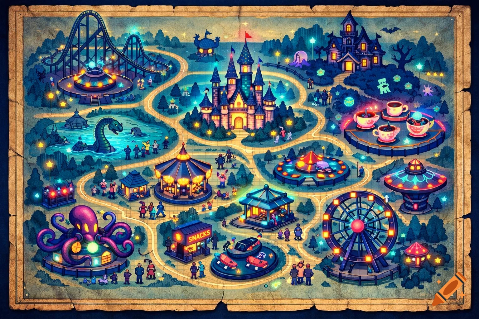 Colorful, detailed fantasy amusement park map with a castle, rollercoaster, Ferris wheel, carousel, haunted house, and snack stands.