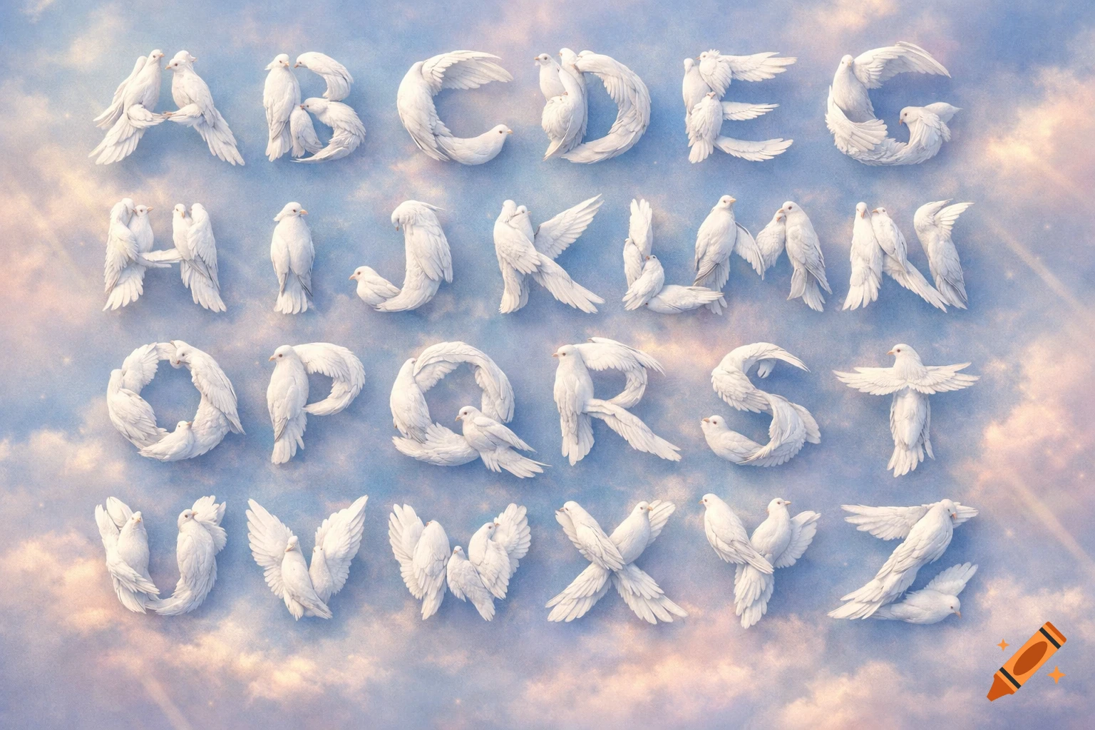 The English alphabet (A-Z) formed by white doves in a cloudy blue and pink sky.