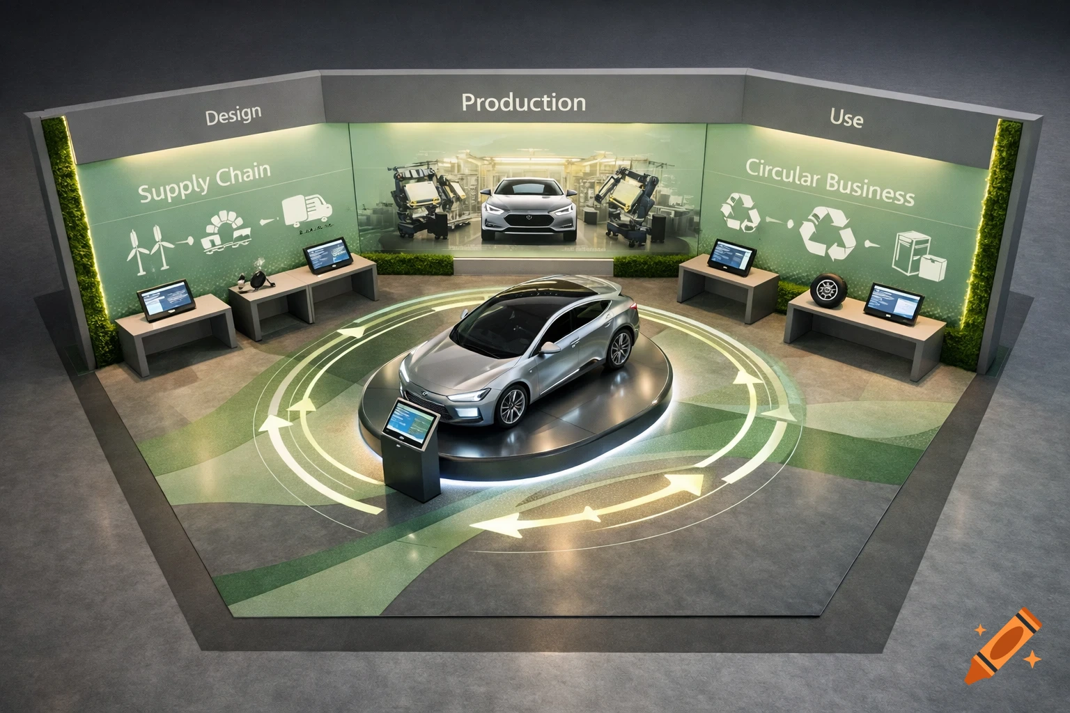 Modern automotive exhibition booth with two silver cars and wall displays showing 'Supply Chain', 'Production', 'Use', 'Circular Business' in a high-tech, eco-friendly style.