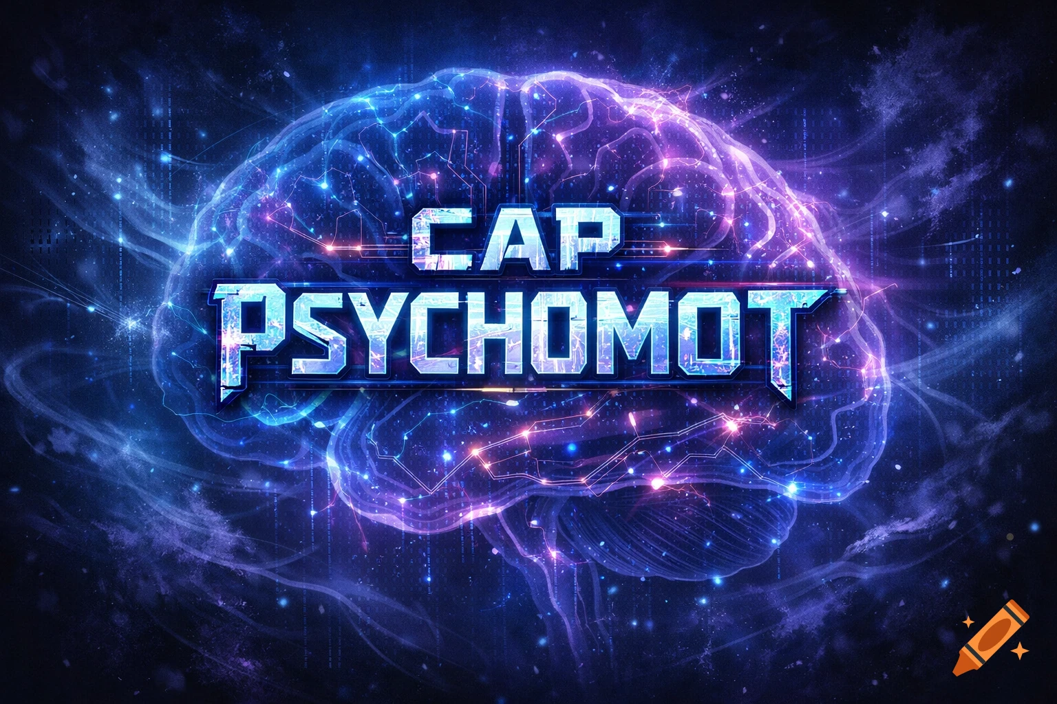 A glowing, futuristic brain with intricate circuitry and particles, with the bold text 'CAP PSYCHOMOT' in the center.