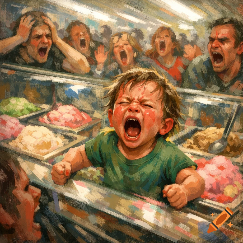 A screaming child throws a tantrum at an ice cream counter, while distressed adults scream in the background, in a painterly style.
