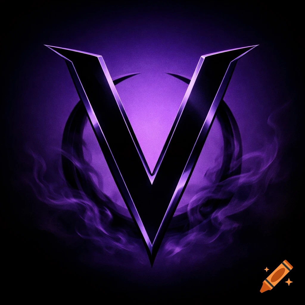 A stylized, dark metallic purple letter 'V' logo with a shimmering outline, surrounded by wisps of purple smoke against a black background.