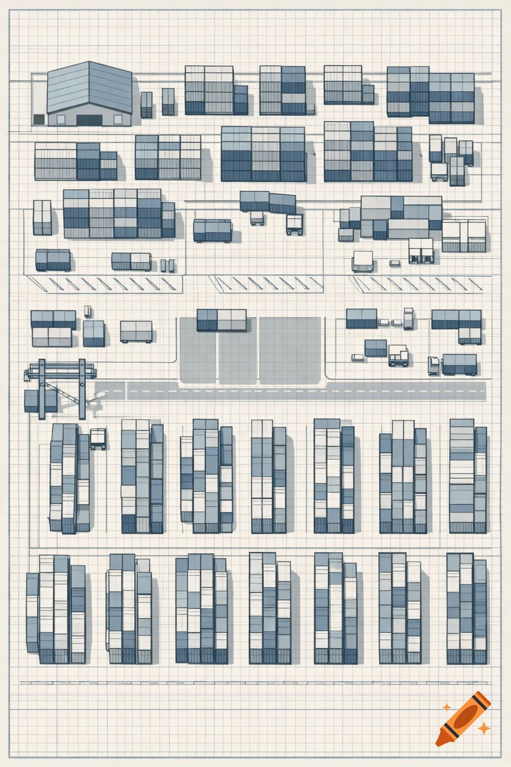 A top-down blueprint-style diagram of an industrial zone with shipping containers, warehouses, and transport trucks on a grid background.