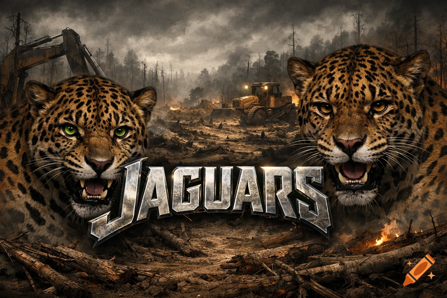 Two jaguars with green and brown eyes flank the word "JAGUARS" over a devastated forest with machinery and fires under a stormy sky.