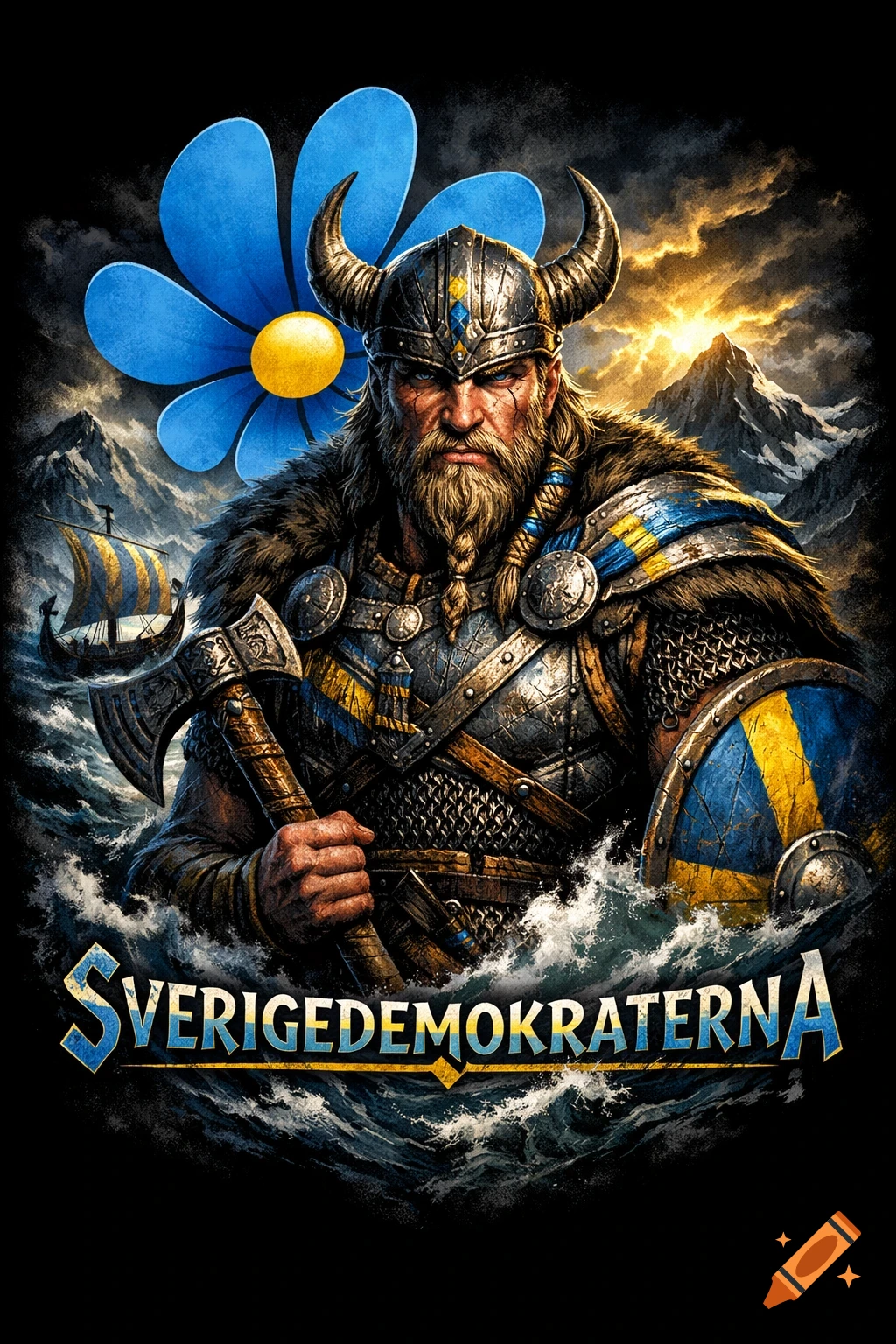 A fierce Viking warrior with horned helmet, axe, and shield in Swedish colors emerges from stormy seas. A blue flower and mountains are in the background. Text: 'SVERIGEDEMOKRATERNA'.