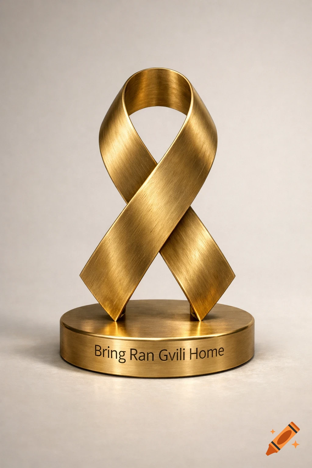 A photorealistic 3D render of a brushed gold awareness ribbon standing on a circular base with the engraved text 'Bring Ran Gvili Home'.