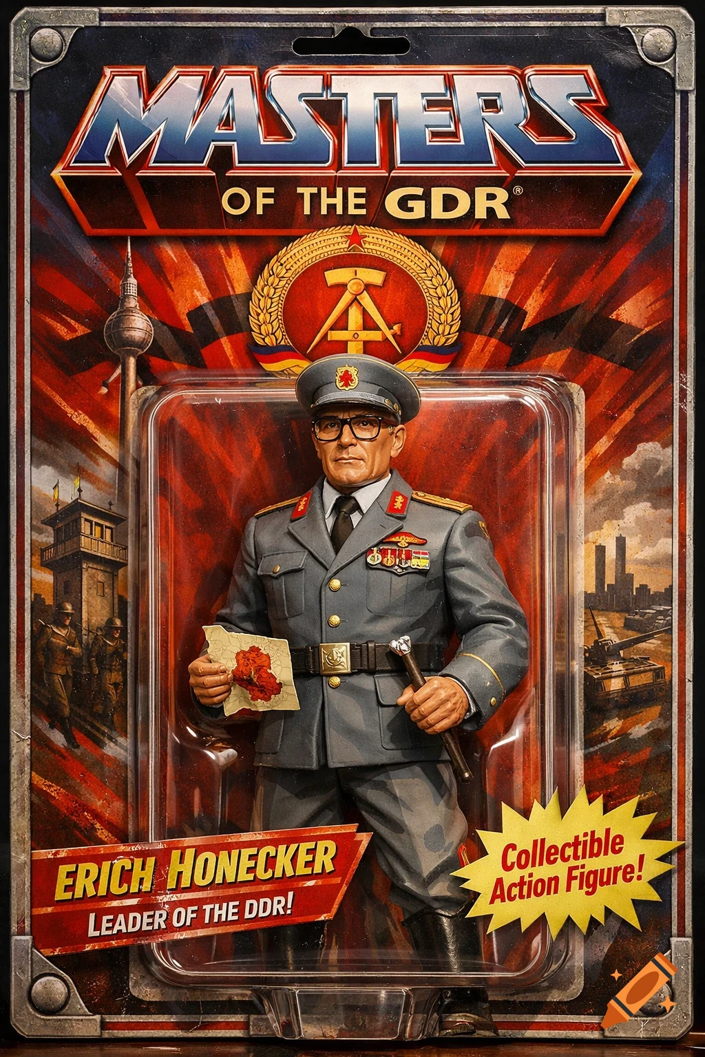 A photorealistic image of an Erich Honecker action figure in vintage-style packaging, labeled 'Masters of the GDR'. He wears a military uniform, holding a map and cane, with a Berlin TV tower in the background.