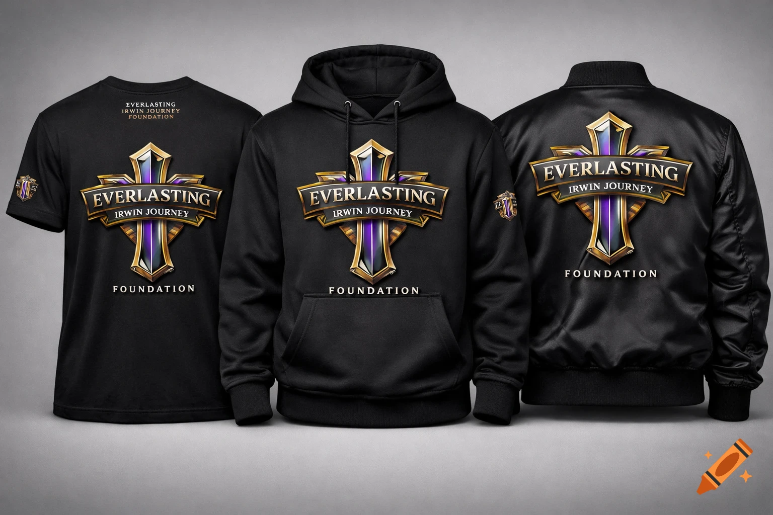 Ultra-realistic studio mockup featuring black T-shirt, hoodie, and bomber jacket, all with a metallic 3D Christian cross logo. The logo reads 'EVERLASTING IRWIN JOURNEY FOUNDATION' with gold, purple, and silver accents, under studio lighting.