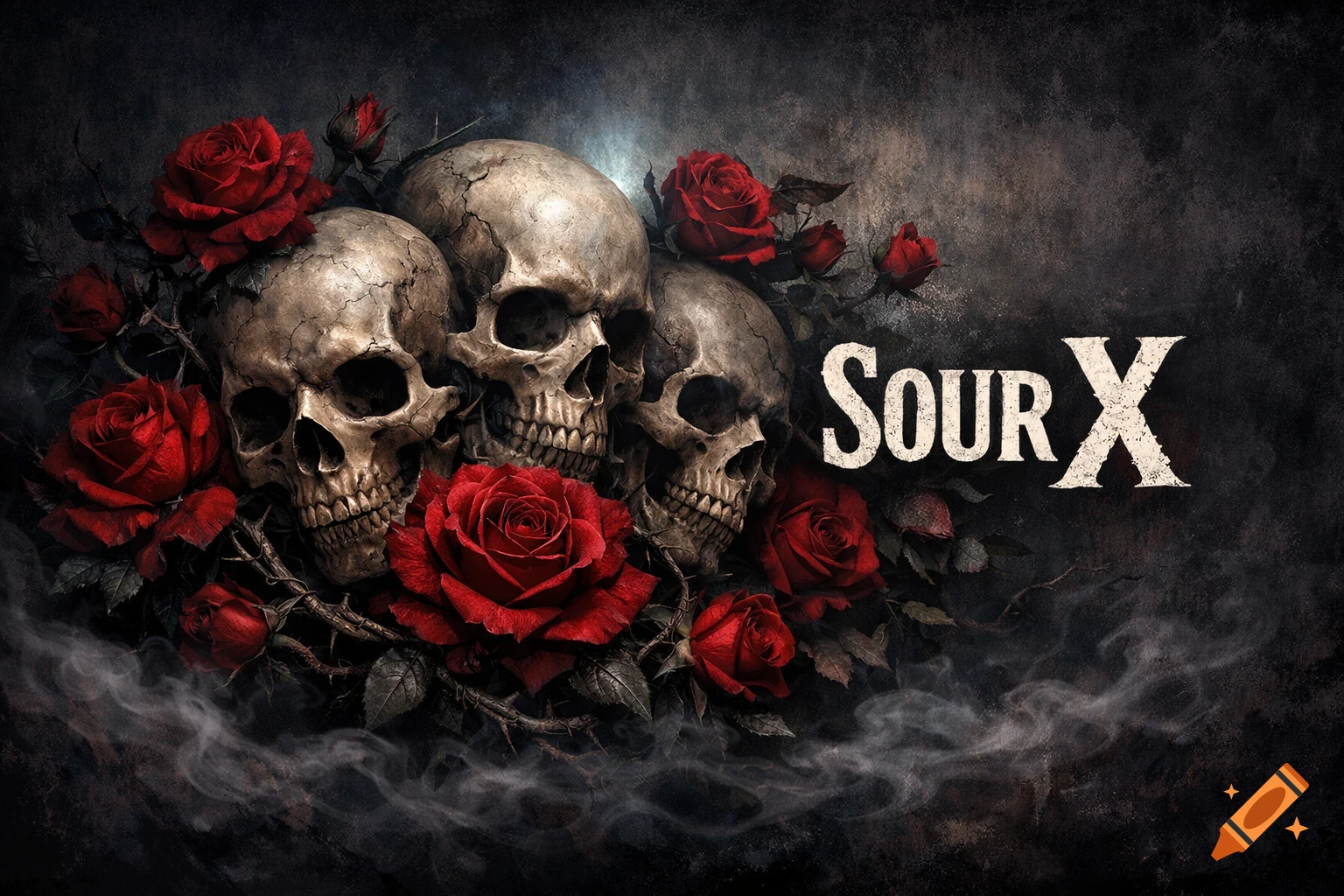 Three weathered skulls adorned with vibrant red roses and thorny vines, on a dark, textured background with smoke and text 'SOUR X'.