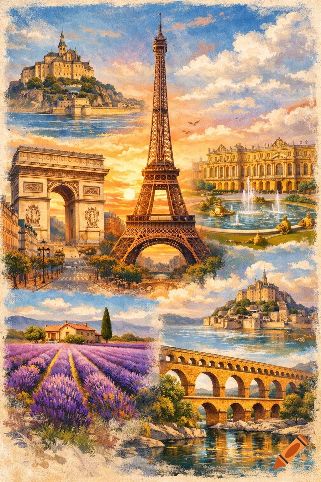 A vibrant painted collage of famous French landmarks including the Eiffel Tower, Arc de Triomphe, Mont Saint-Michel, a lavender field, and an aqueduct, set against a colorful sky.