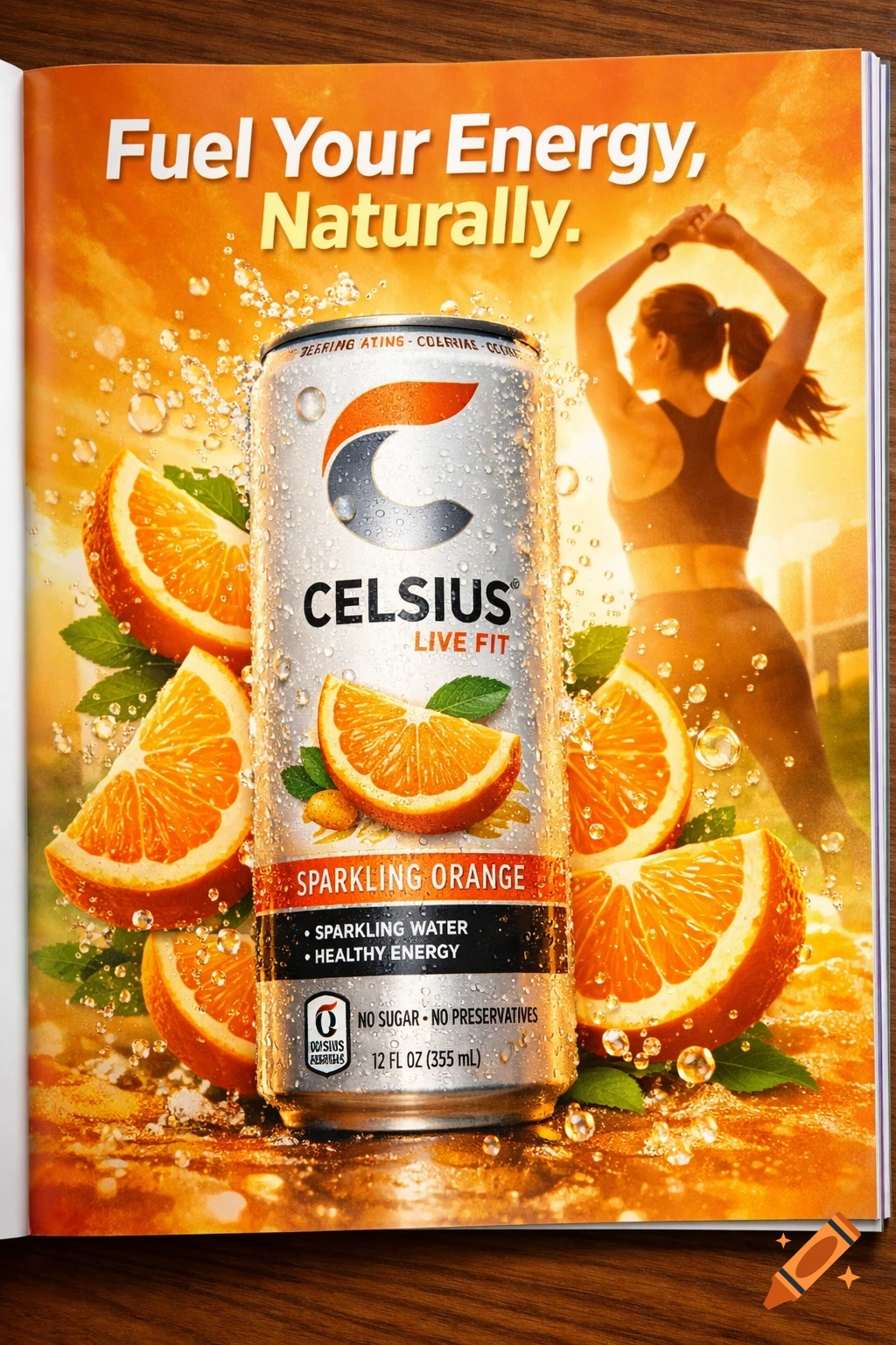 Full-page print advertisement for Celsius Sparkling Orange energy drink, featuring a silver can covered in water droplets amidst orange slices and splashes. A woman in athletic wear stretches in the warm-toned background. The tagline reads, "Fuel Your Energy, Naturally."