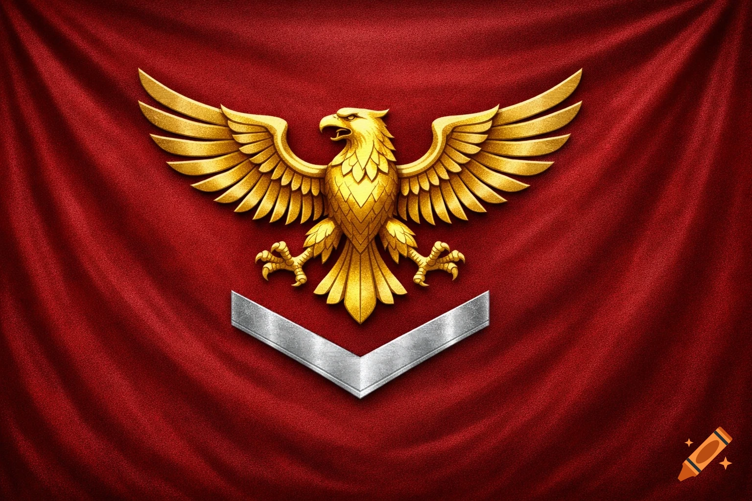 A stylized golden eagle emblem with spread wings and talons, above a silver chevron, set against a rich red draped fabric.