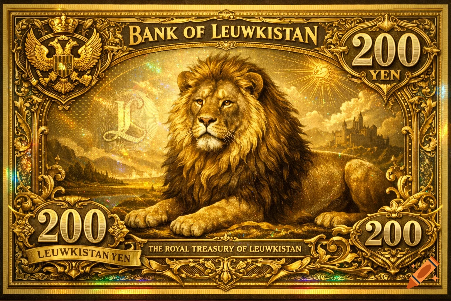 A highly detailed, ornate golden banknote featuring a regal lion lying down, with text 'BANK OF LEUWKISTAN' and '200 YEN'.