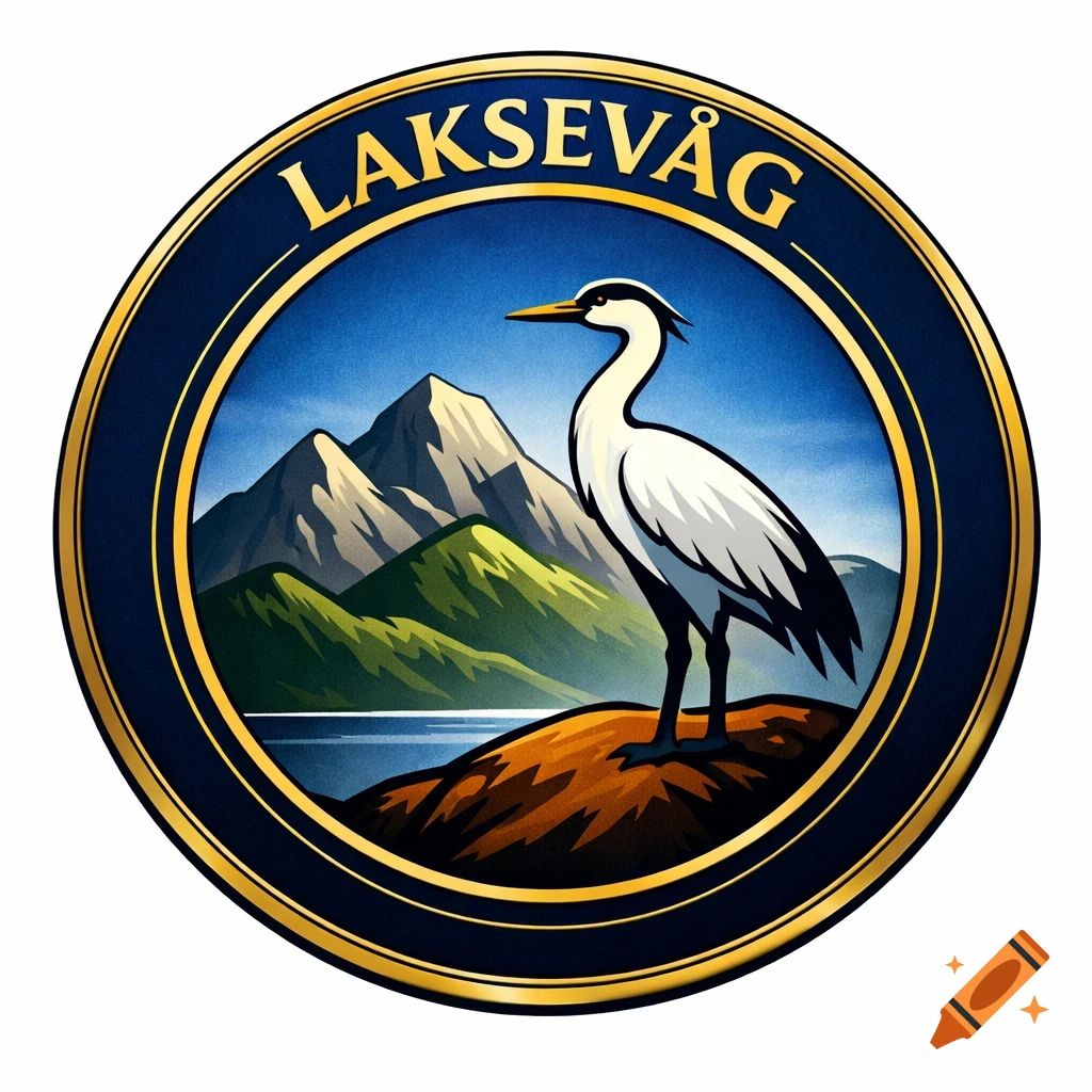 Round emblem with blue and gold border, text 'LAKSEVÅG', featuring a white crane, mountains, and a lake.