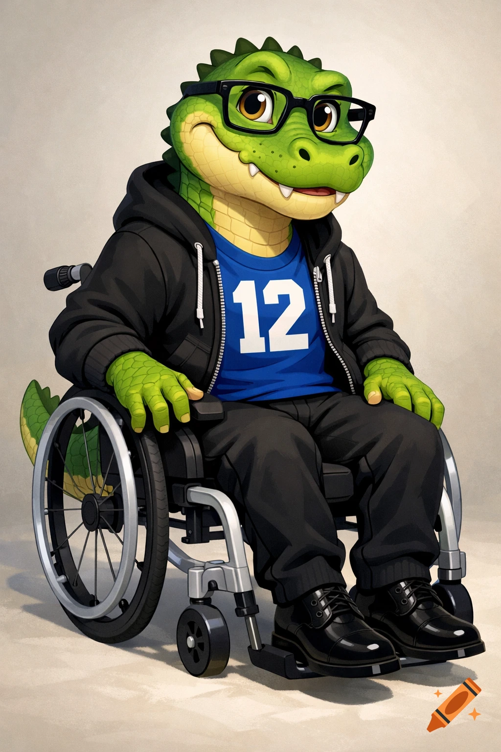 A friendly cartoon alligator with glasses, a black hoodie, and a blue t-shirt with '12', sits in a wheelchair.