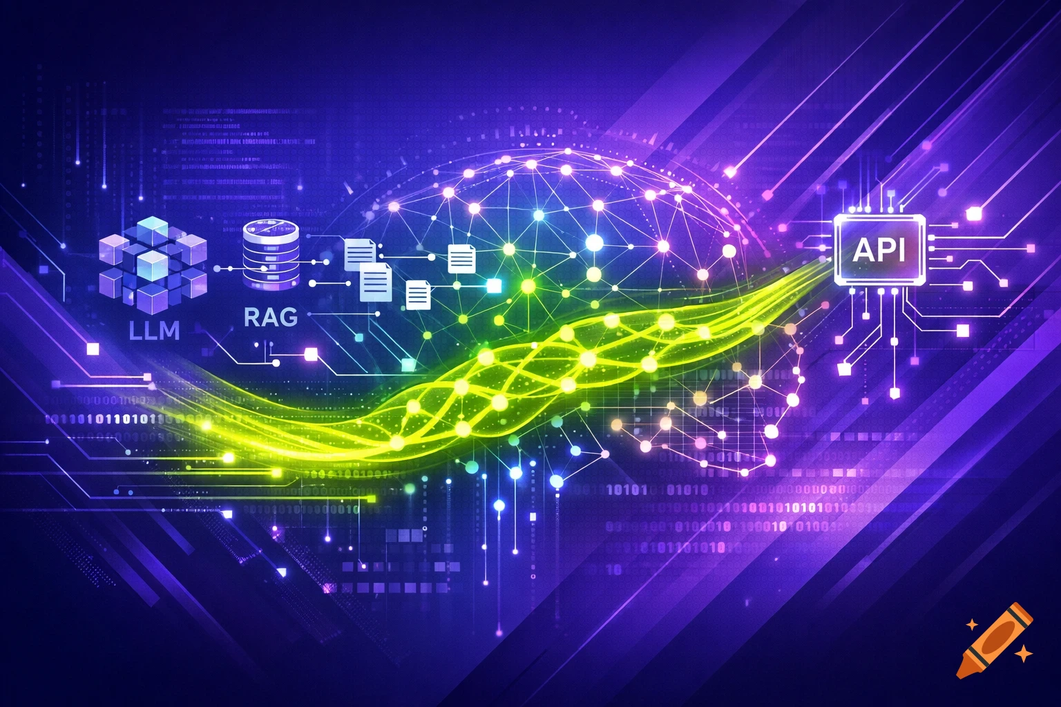 Abstract illustration of AI and data flow with connected LLM, RAG, and API symbols on a glowing purple-blue background.