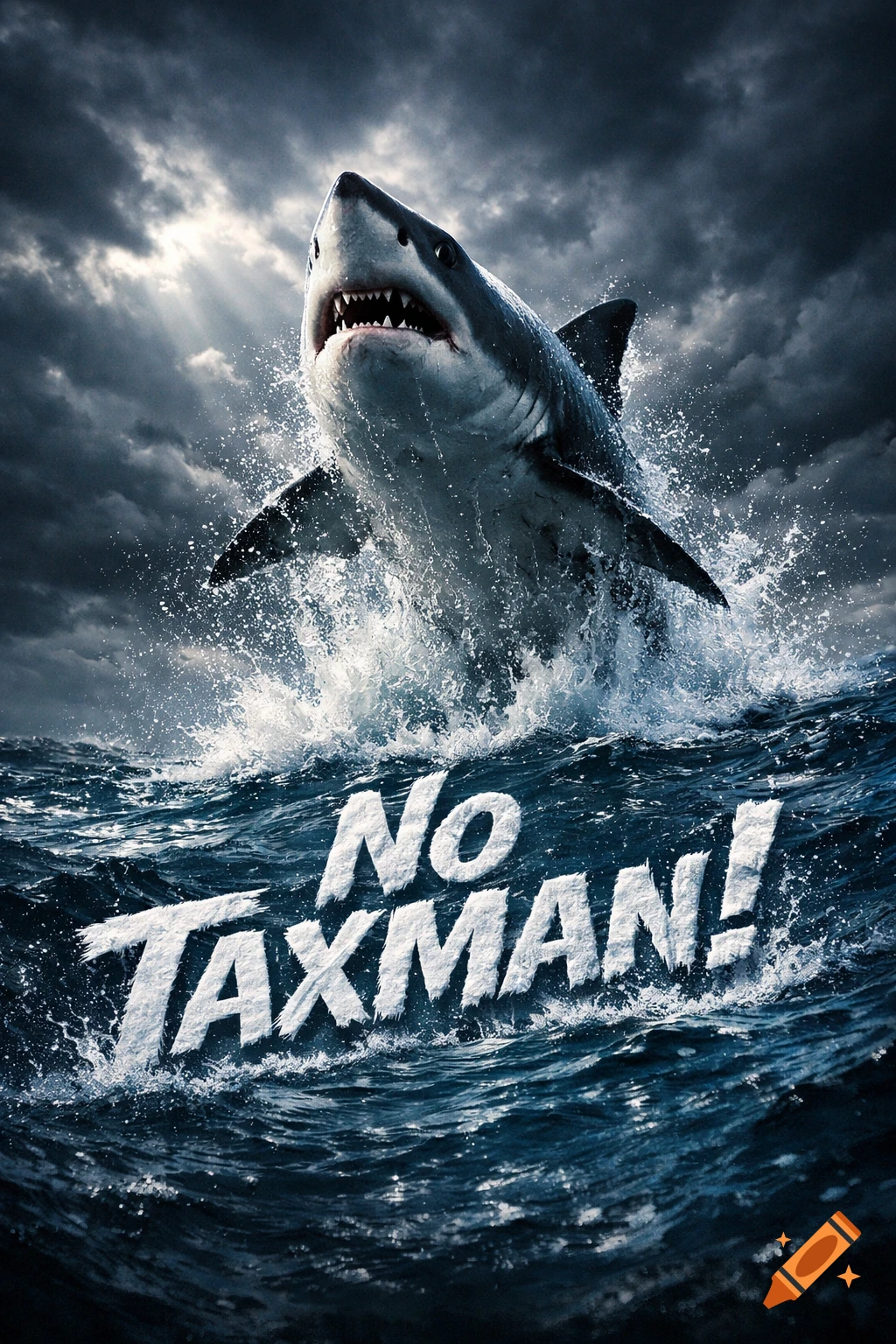 A photorealistic great white shark leaps from stormy ocean waves under a dramatic sky, with the text "No TAXMAN!" visible in the water.