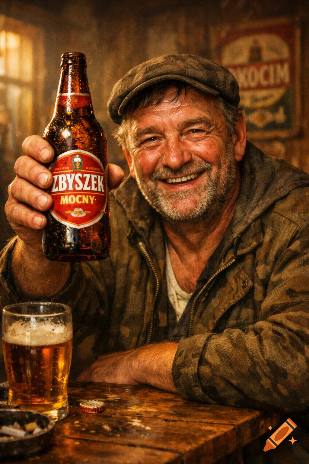 A smiling, rugged older man in a cap holds up a beer bottle in a dimly lit bar, with a glass of beer on a wooden table. Photorealistic.