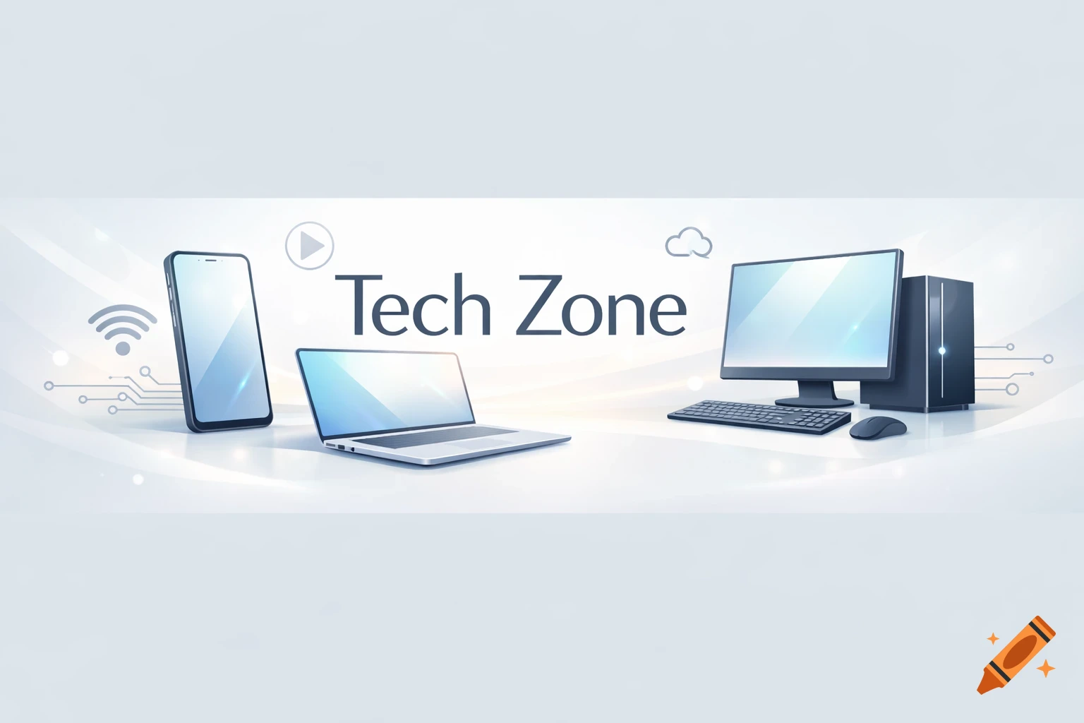 A modern, bright banner featuring a smartphone, open laptop, and desktop computer setup, with the text "Tech Zone" and technology icons.