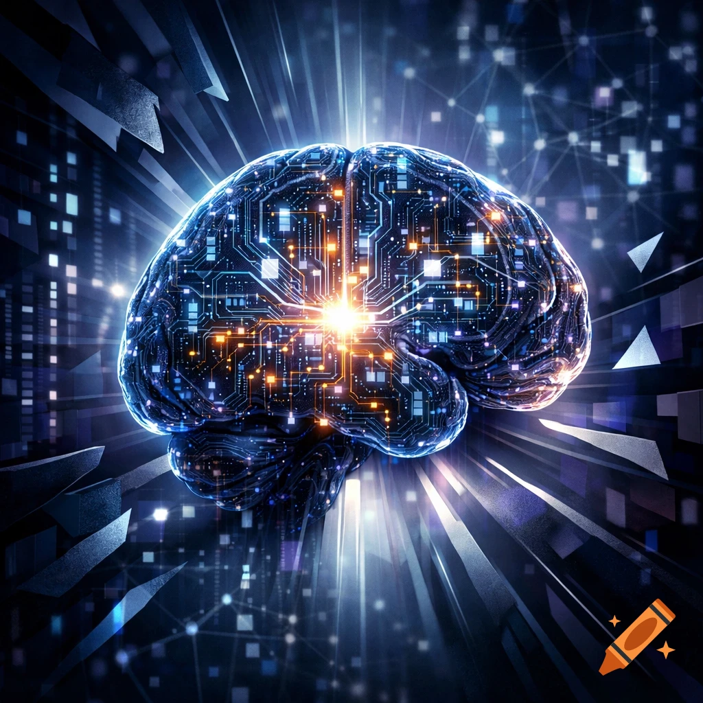 A glowing, highly detailed circuit board brain in a dark, futuristic setting with light rays and geometric shapes.