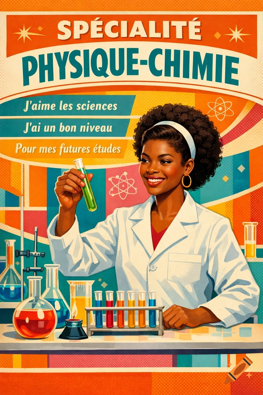A vibrant 1960s-style poster shows a joyful Black woman chemist in a lab coat, holding a test tube amidst colorful beakers, with French text promoting science studies.