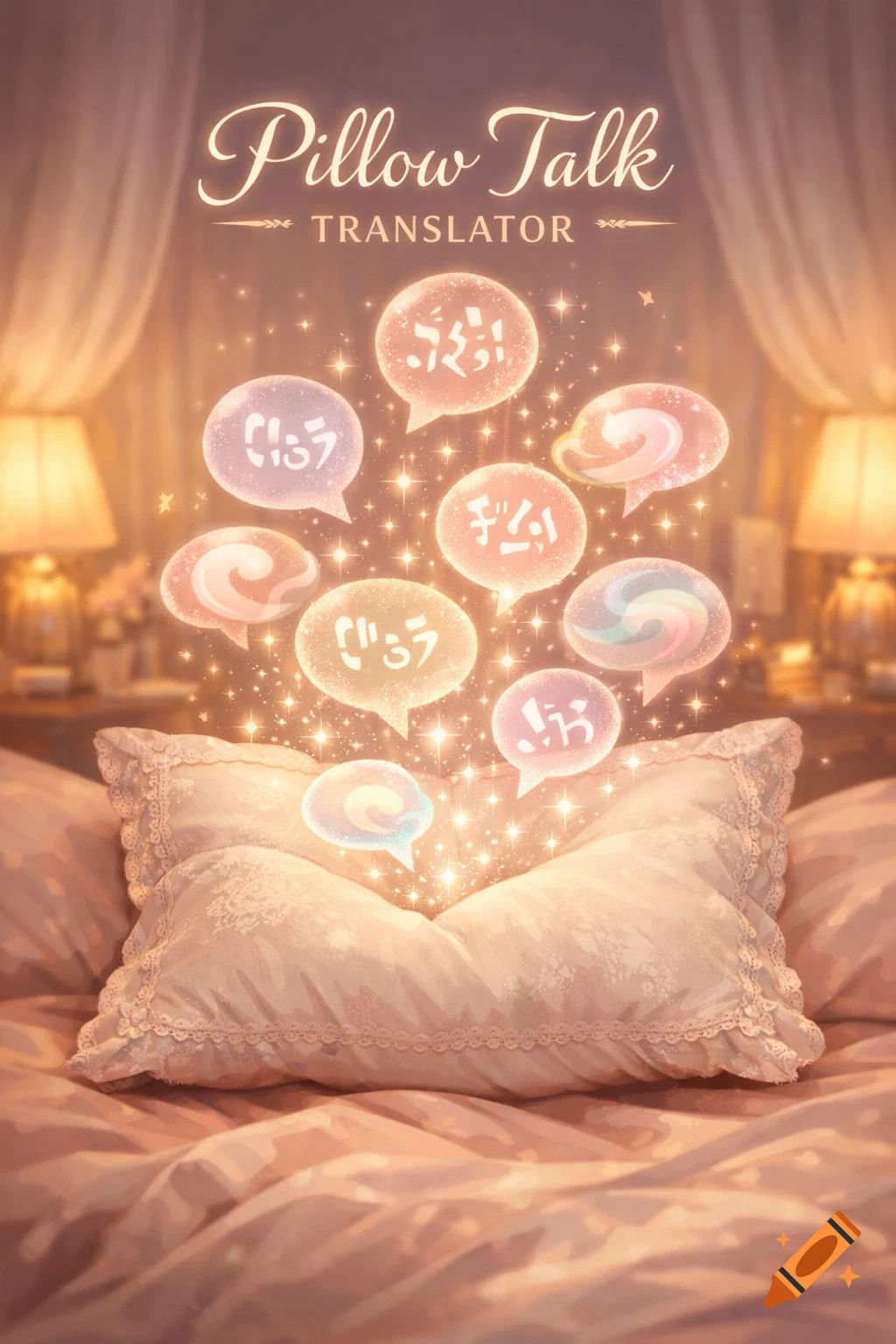A soft, lacy pillow on a bed, glowing with sparkling speech bubbles emanating upwards, under the text "Pillow Talk Translator" in a warm-lit bedroom.