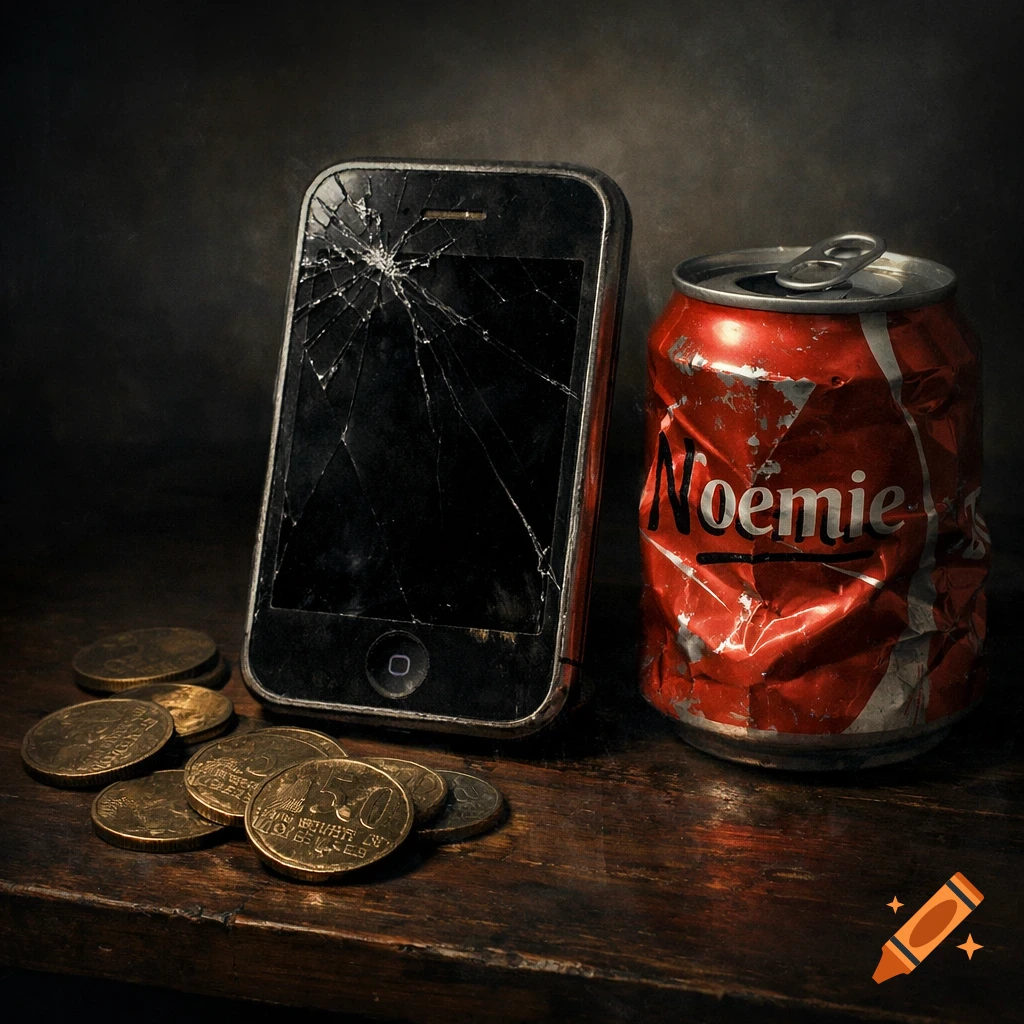 A still life shot of a broken black iPhone, a crumpled red soda can with 'Noemie' written on it, and a stack of fifty-cent coins, all on a dark wooden surface.
