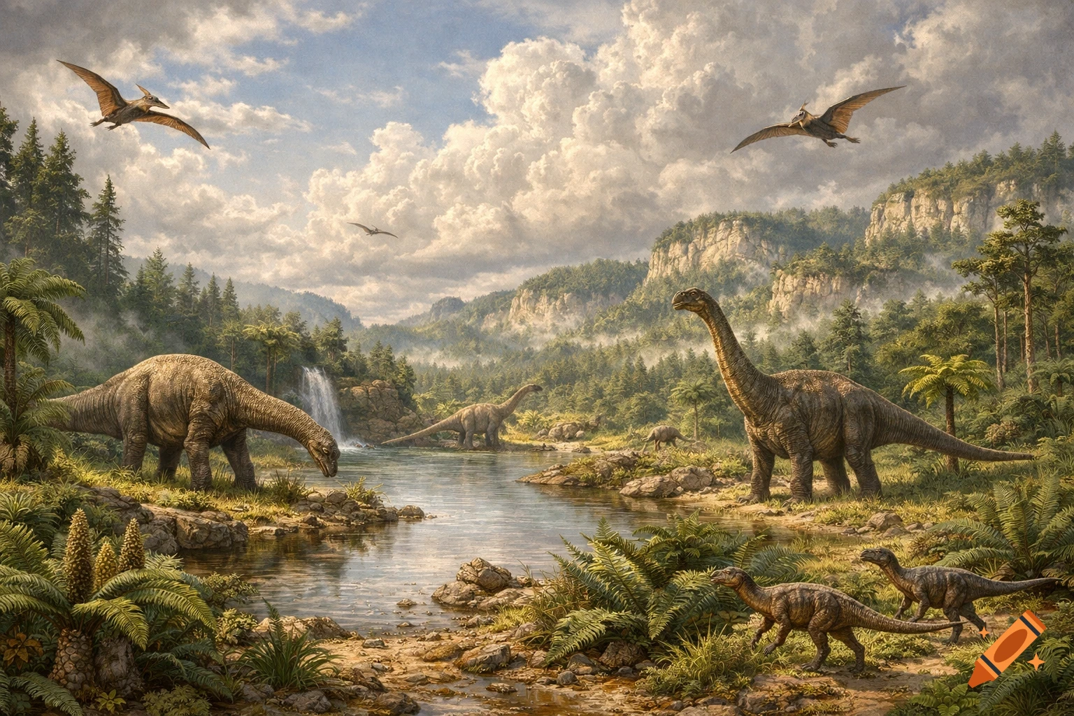 Photorealistic prehistoric landscape with dinosaurs: sauropods by a river with a waterfall, pterodactyls flying under a cloudy sky.