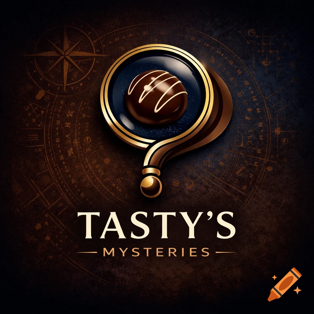 An elegant logo for 'Tasty's Mysteries' featuring a chocolate truffle inside a golden magnifying glass on a dark, celestial background.