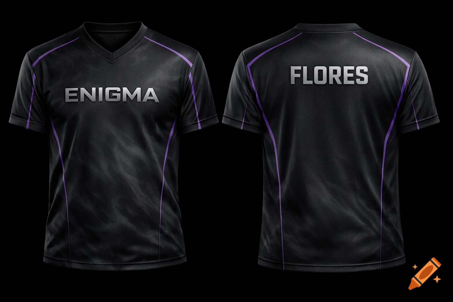 Front and back view of a black sports jersey with thin deep amethyst purple lines. The front reads "ENIGMA" in gunmetal silver, and the back reads "FLORES".