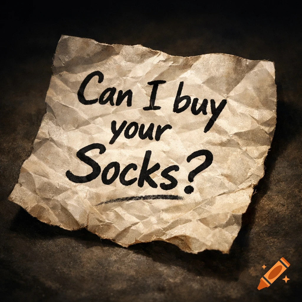 A crumpled piece of old paper with the handwritten question 'Can I buy your Socks?' in black ink.