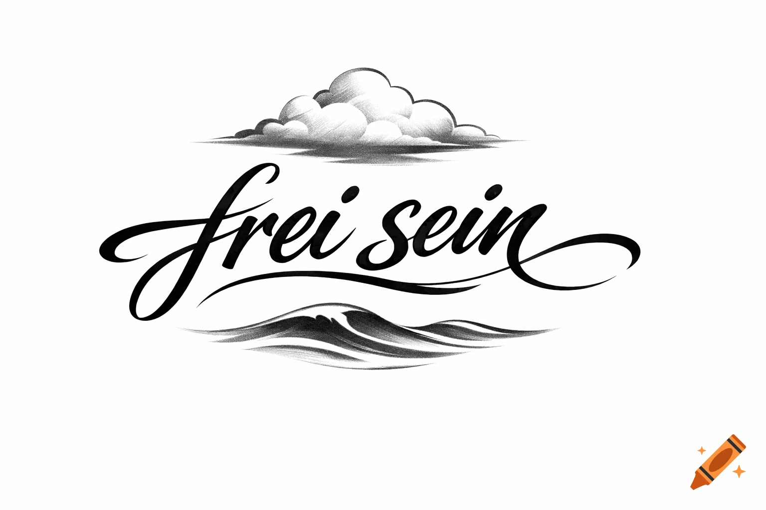 Black and white tattoo design with the German text 'frei sein' in script, a cloud above, and stylized waves below.