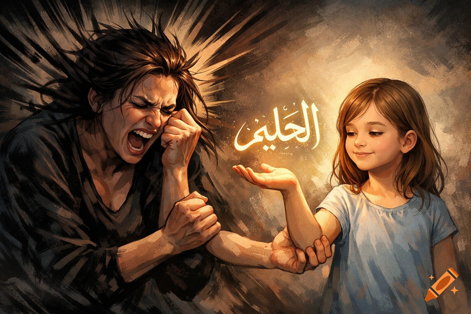 A distressed woman screams as a calm girl holds her arm, presenting glowing Arabic text 'Al-Haleem' on her palm.