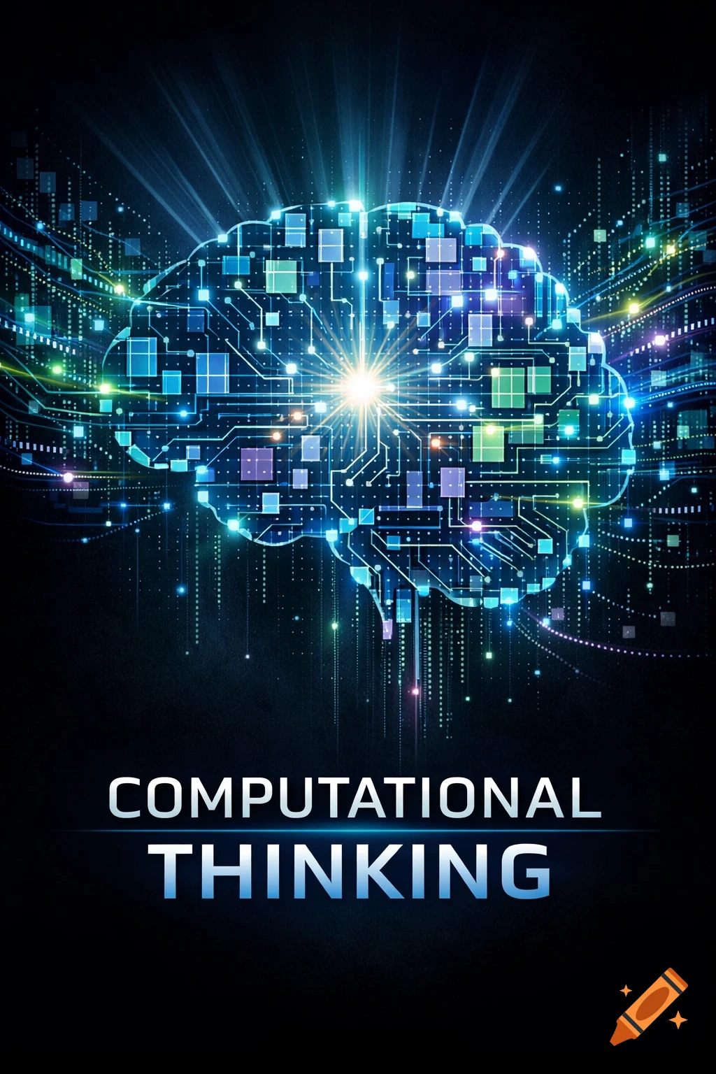 A glowing digital brain composed of circuit board elements and light, with the text 'COMPUTATIONAL THINKING' below.