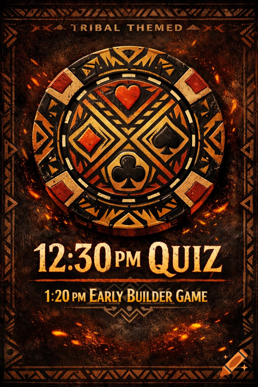 Tribal-themed poker club event poster with an ornate chip, showing '12:30 PM QUIZ' and '1:20 PM EARLY BUILDER GAME' text on a dark, fiery background.
