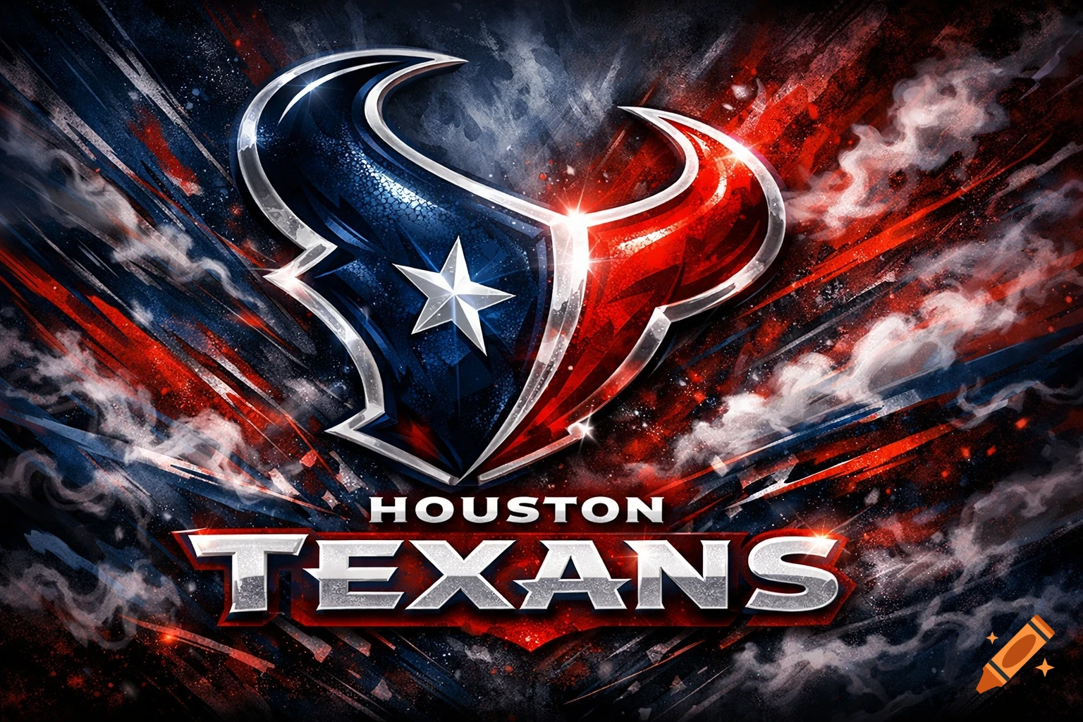Dynamic graphic of the Houston Texans logo, a stylized bull's head in blue and red, over a swirling abstract background with the text HOUSTON TEXANS.