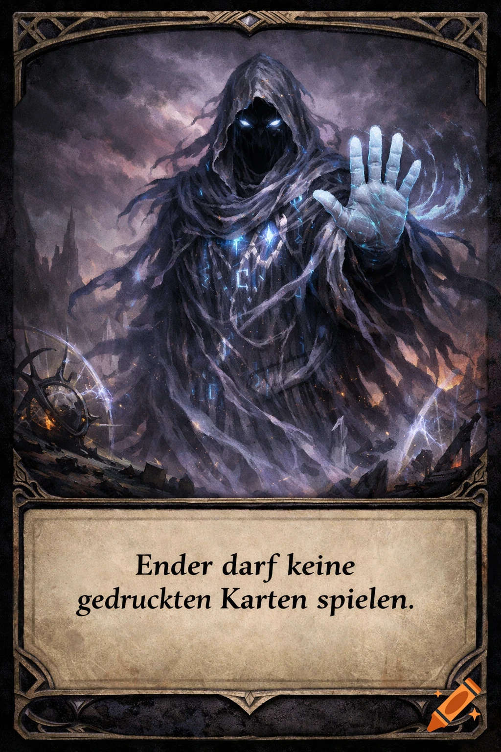 Dark fantasy art card of a shadowy hooded figure with glowing eyes and a raised, glowing hand, set in a stormy landscape.