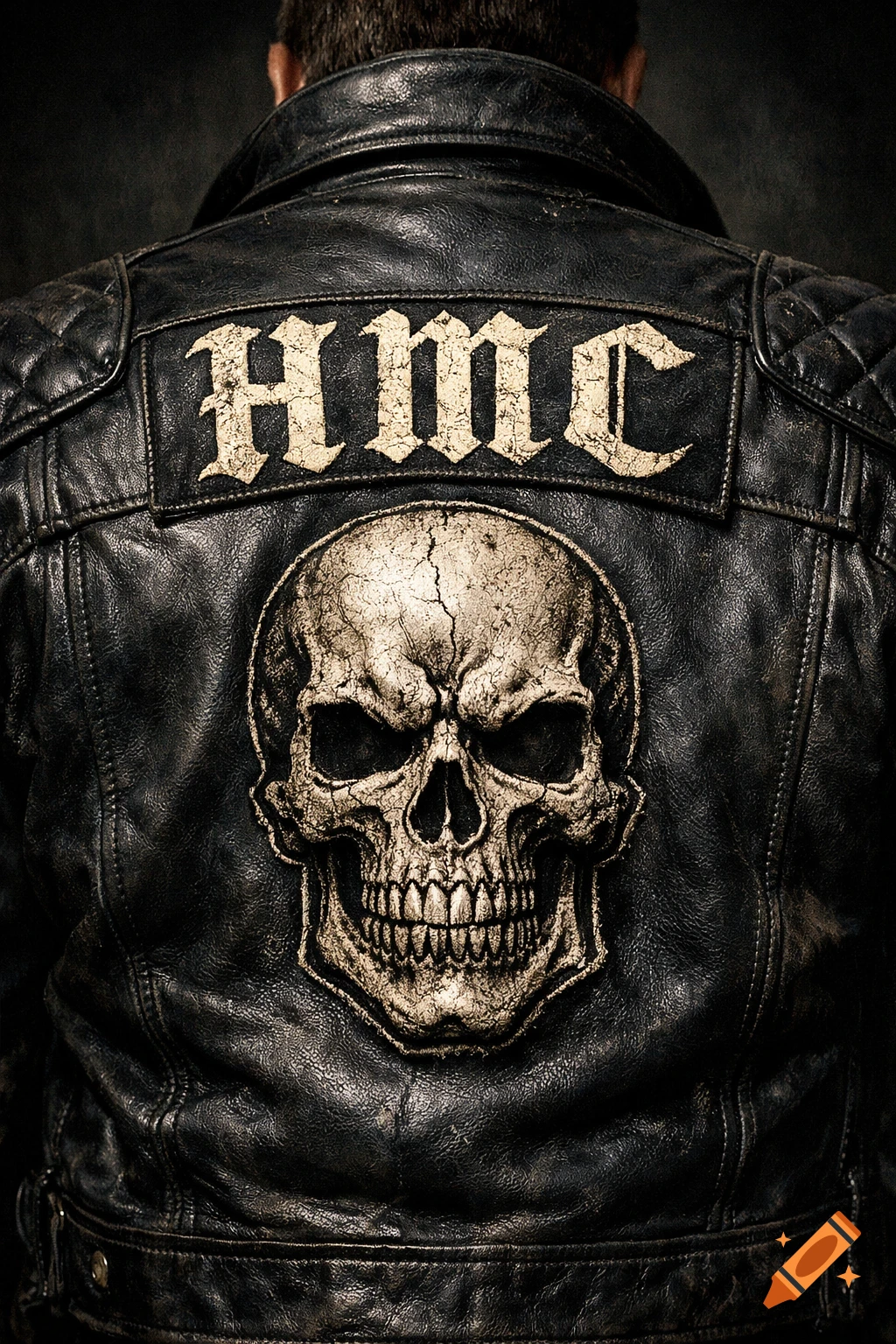Back of a black leather motorcycle jacket featuring a weathered 'HMC' in gothic script and a detailed skull emblem.