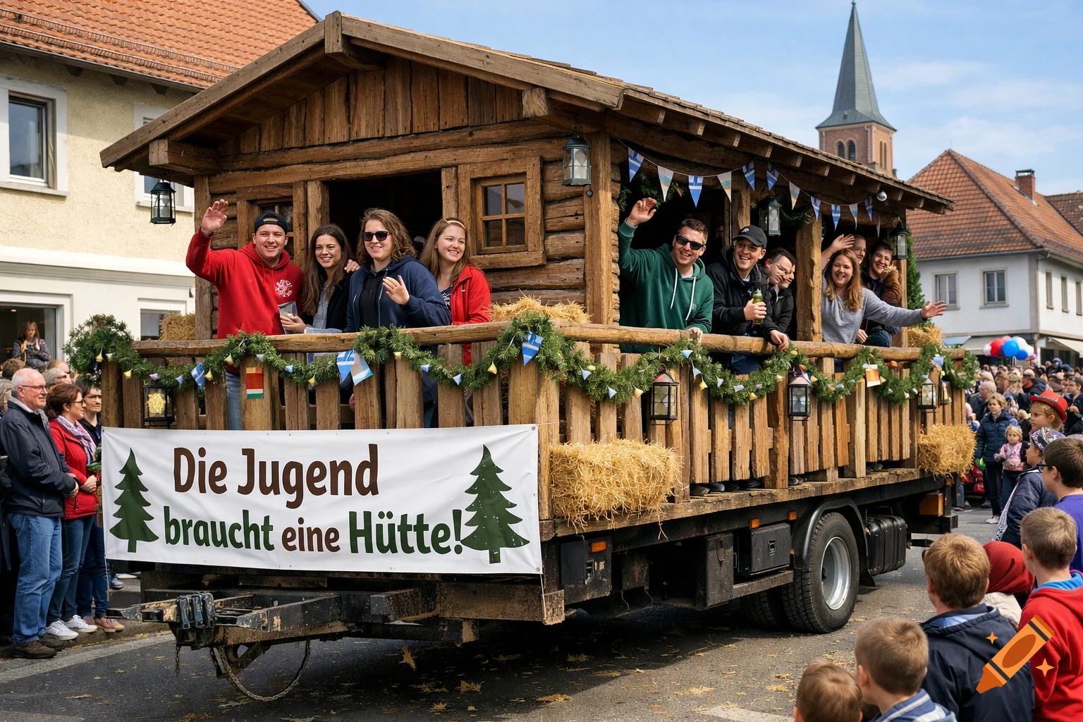 A parade float shaped like a wooden hut carries smiling young people waving to spectators in a sunny German town.