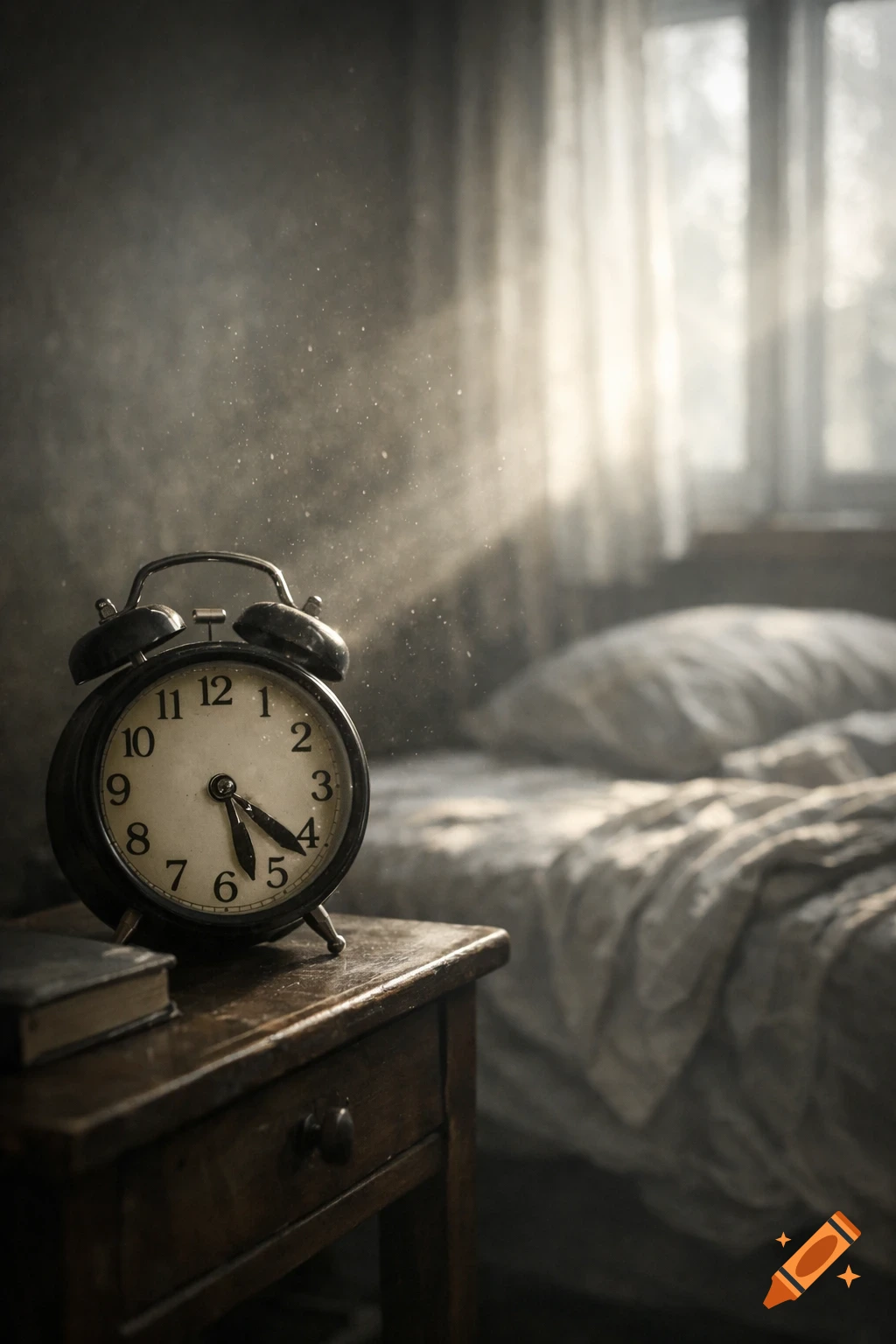 A dusty, sunlit bedroom with an old alarm clock and a book on a wooden nightstand beside an unmade bed.