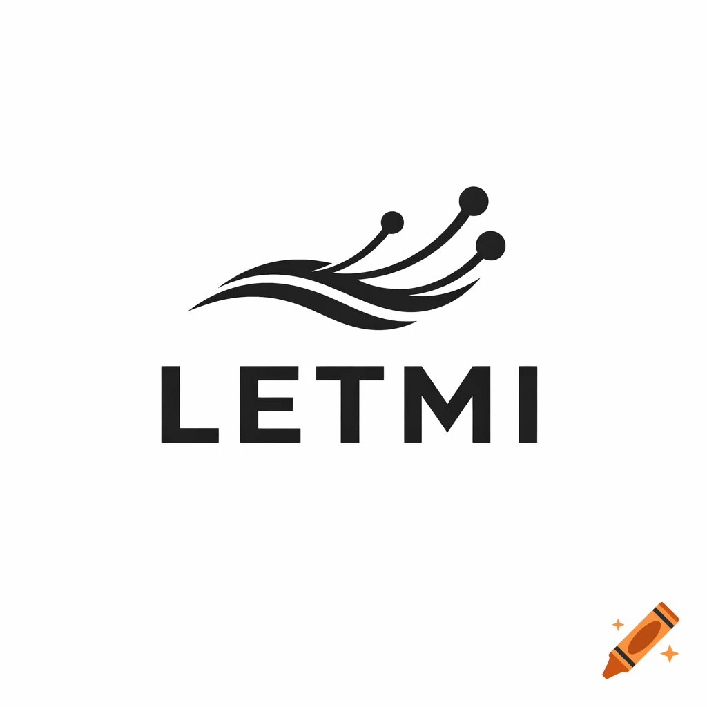 Black and white logo for 'LETMI' featuring abstract wave-like shapes and three connected dots.