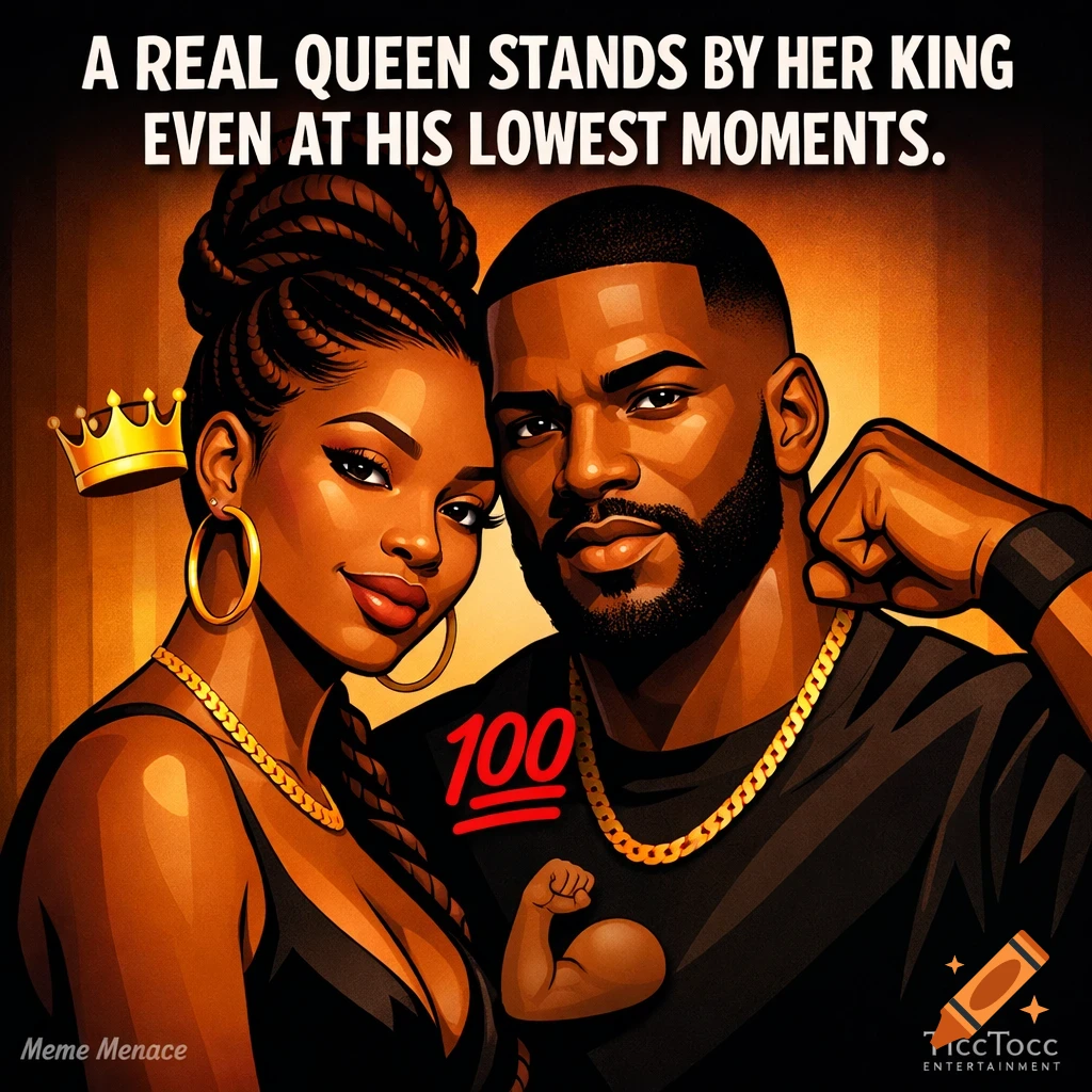 A confident Black couple in a bold, clean vector-art style, with text that reads "A REAL QUEEN STANDS BY HER KING EVEN AT HIS LOWEST MOMENTS" and a crown, flexing bicep illustration, and '100' emoji.
